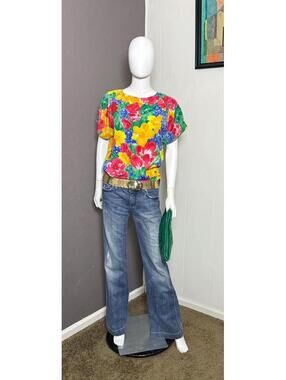 1980's Rainbow Floral Short Sleeve Silky Top from Design Elements size M/L